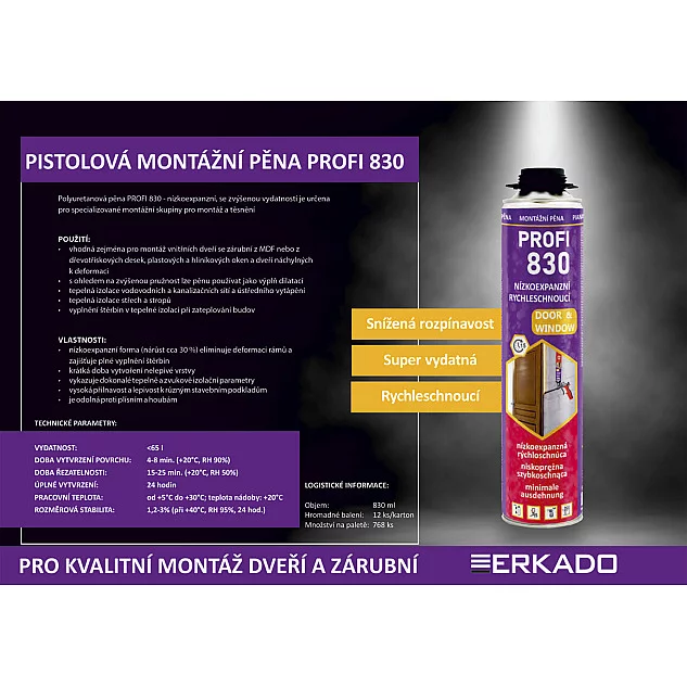Pistolová montážní pěna PROFI 830 - nízkoexpanzní Pistolová montážní pěna PROFI 830 - nízkoexpanzní